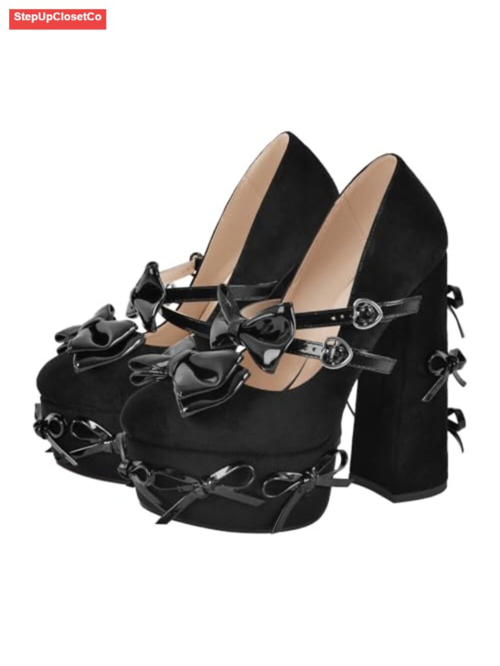 Women's Mary Jane Chunky Heel Platform Pumps Bowknots Faux Suede